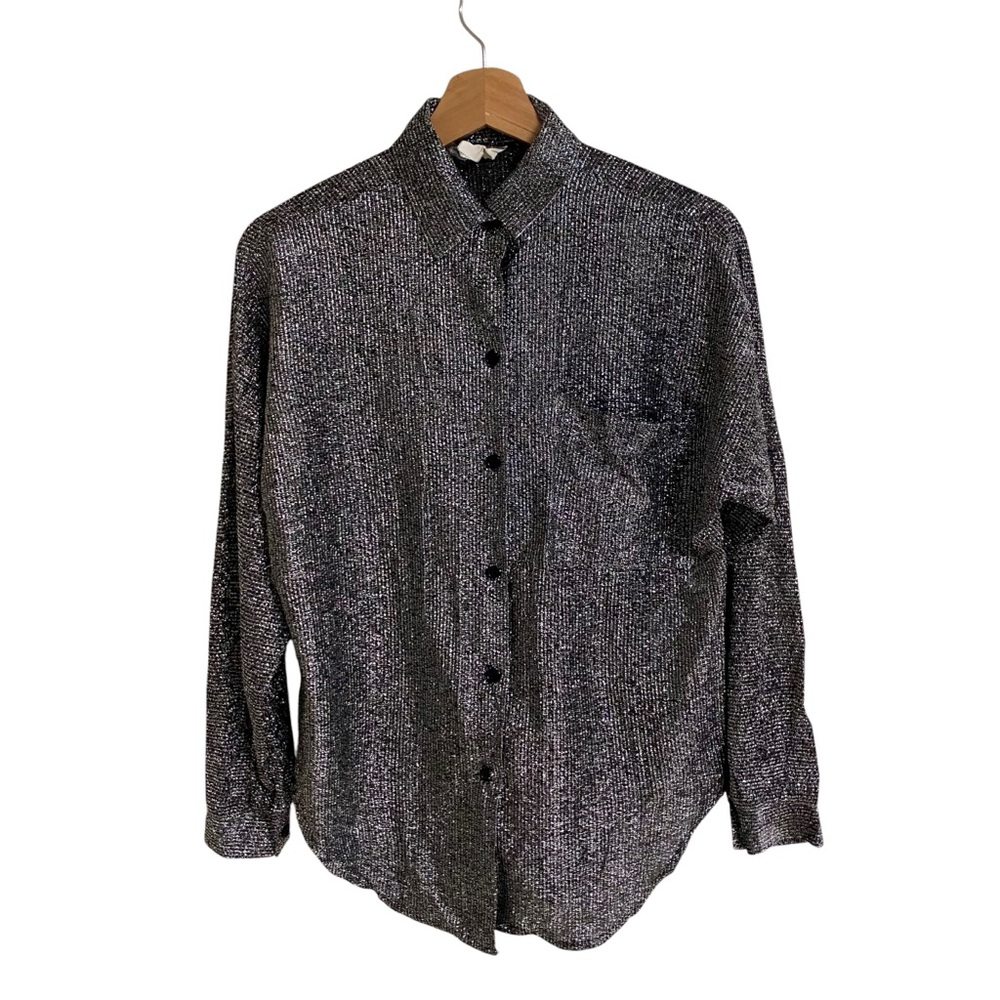 Vintage black silver metallic shimmer long sleeve date night button up shirt L